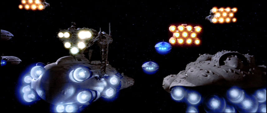 [Home One and cruiser prepare to jump to lightspeed.]